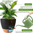 8/10/12 Inch Self Watering Pots for Indoor/Outdoor Plants - Large Plastic Planter with Drainage Holes, Water Level Indicator & Deep Reservoir, Modern Decorative Flower Pots (Black)