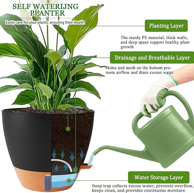8/10/12 Inch Self Watering Pots for Indoor/Outdoor Plants - Large Plastic Planter with Drainage Holes, Water Level Indicator & Deep Reservoir, Modern Decorative Flower Pots (Black)
