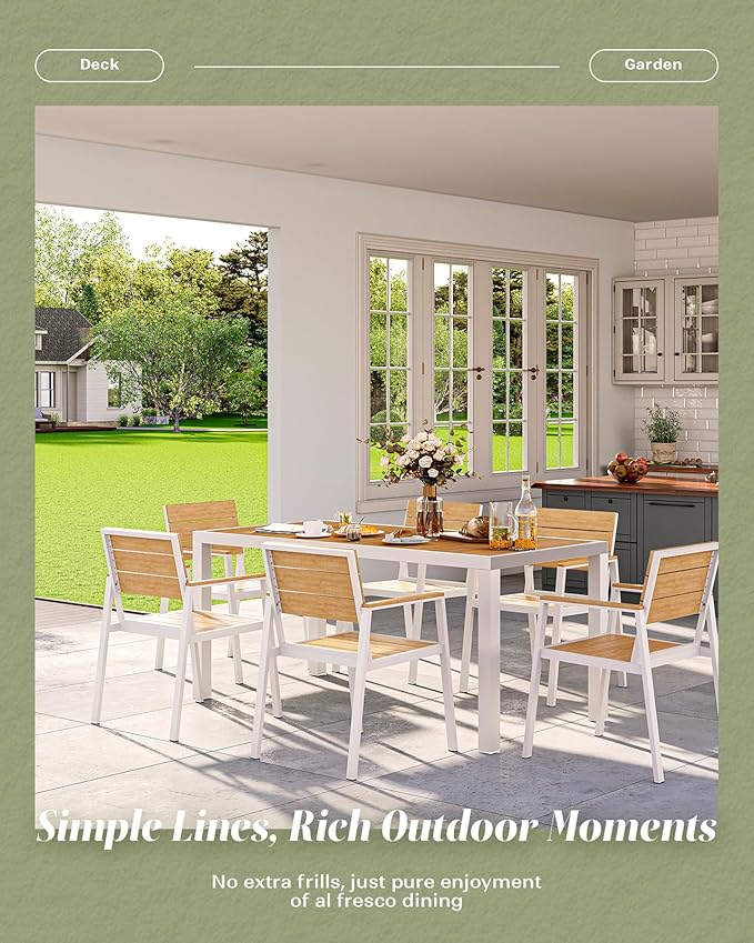 7-Piece Outdoor Dining Set, Aluminum Dining Table Set for 6, Patio Table and Chairs Set with Umbrella Hole, All Weather HDPS Outdoor Table and Chairs for 6 (White-Teak)