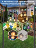 String Light Poles for Outside, 6 Pack 10 ft Adjustable Light Poles | Heavy Duty, Weather Resistant, 5 Prong Stable Base, Ground & Fence Mount, Fence Clips Included, For Patio Garden Porch Decor