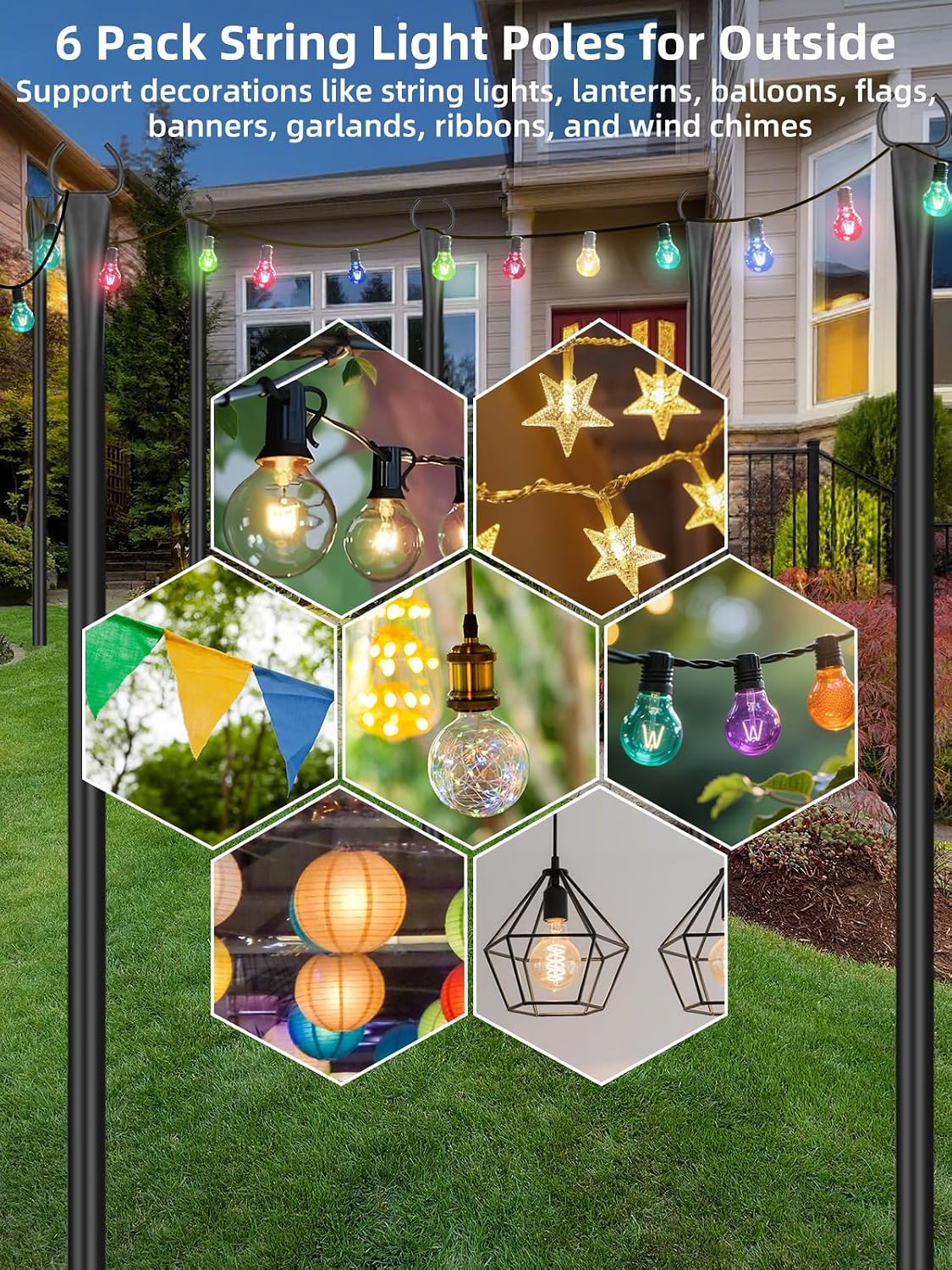 String Light Poles for Outside, 6 Pack 10 ft Adjustable Light Poles | Heavy Duty, Weather Resistant, 5 Prong Stable Base, Ground & Fence Mount, Fence Clips Included, For Patio Garden Porch Decor
