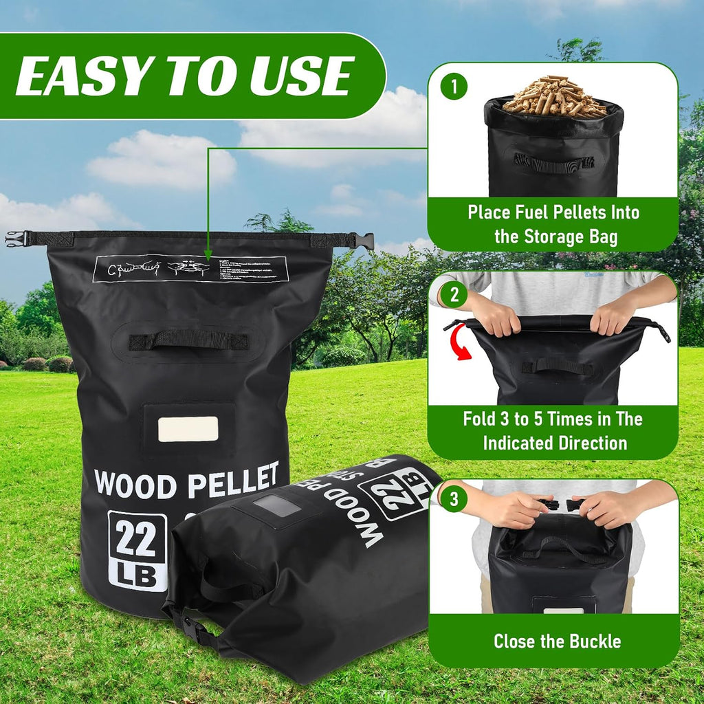 22LB Waterproof Wood Pellet Storage Containers - Dual Handles, Label Pocket | Portable 500D PVC BBQ Smoker Pellet Storage Bag, Stay Dry Grill Pellets Storage Container for Fuel, Charcoal, Wood Chips-1PCS
