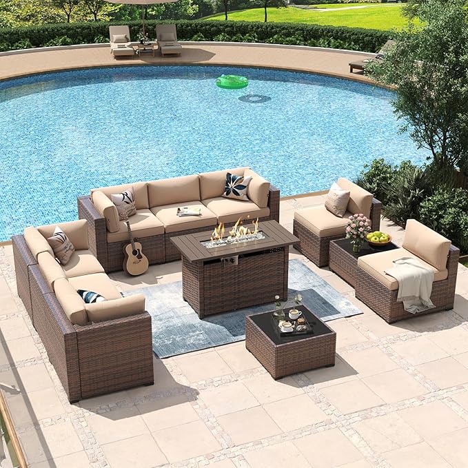 Aoxun 11 Piece Patio Furniture Set with 44” Fire Pit Table Wicker Rattan Outdoor Sectional Sofa Set with Coffee Table and Thickened Cushions, Beige (Waterproof Cover Included)