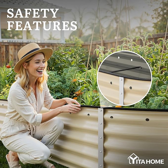 YITAHOME 17" Tall 6 in 1 Large Raised Garden Bed Kit, 6.5x2x1.4ft Galvanized Metal Planter Box with Gloves & Safety Rubber, Outdoor Above Ground Planters for Plants Vegetables Flowers, Cream Yellow