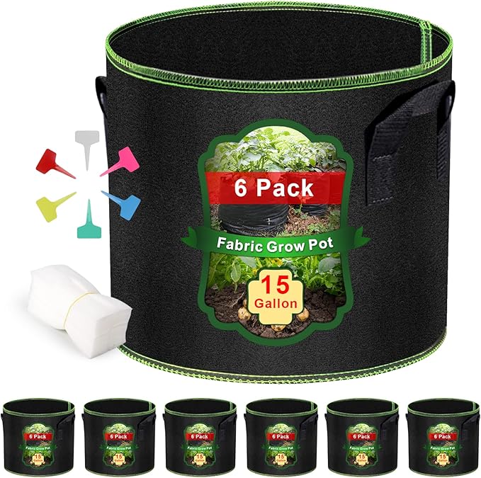 Grow Bags-15 Gallon, Garden Plant Bags with Handles, Thickened Nonwoven Fabric Aeration Planting Pots, Vegetable Gardening Fabric pots with Plant Tags & Seedling Bags(6Pack Potato Grow Bags)