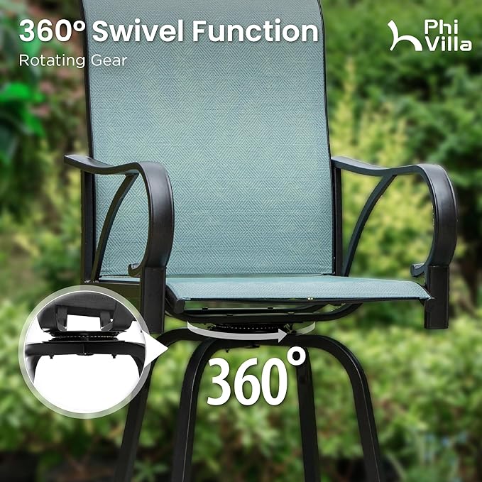 PHI VILLA Outdoor Bar Stools Set of 6, Swivel Patio Bar Stools & Chairs, High Top Bar Seating for Outside, Balcony，Porch and Backyard, Teal