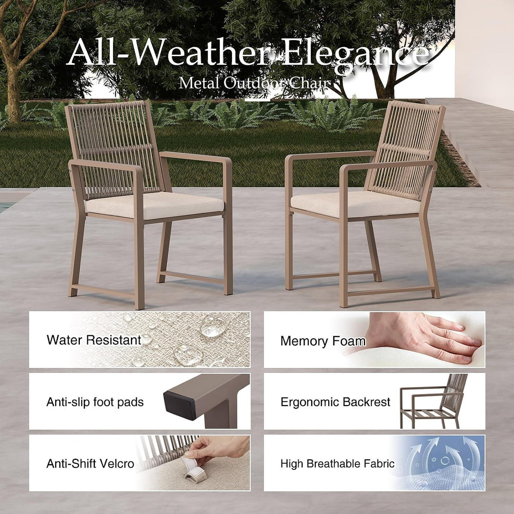 Outdoor Patio Dining Chair, 400 Lbs, Light Brown, Set of 2 | All-weather Woven Rope, Sturdy Frame,Ergonomic Backrest, Removable Breathable Cushion,for Patio & Garden