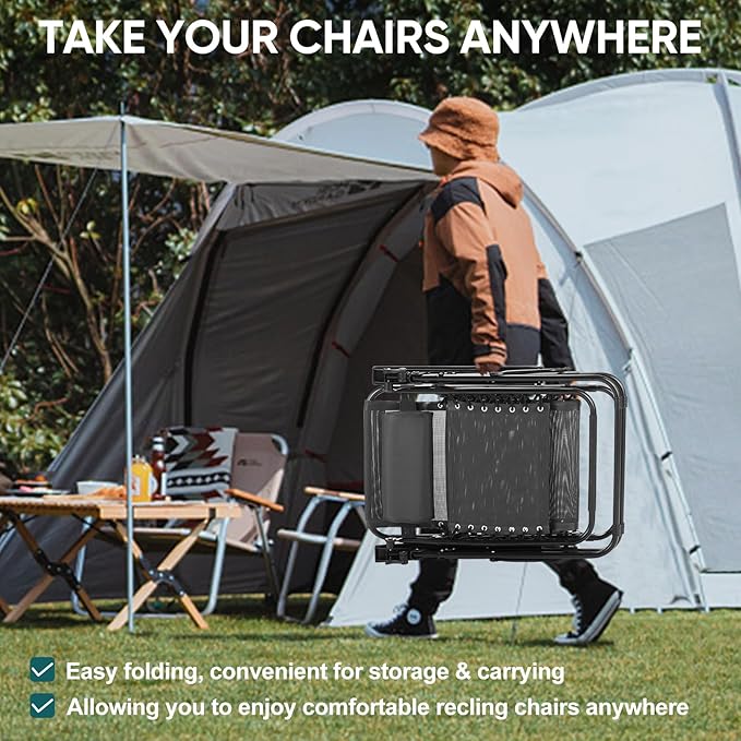 NEWBULIG Zero Gravity Chair Set of 4, Lounge Chair Folding Portable Adjustable Camping Reclining Chairs with Adjustable Pollow, Mesh Back, Cup Holder Trays Lawn Patio Chair for Pool Beach - Black
