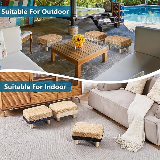 Wimarsbon Natural Seagrass Footstool Ottoman Rectangular Footrest Pouf Ottomans with Wooden Legs Hand Weave Step Stool for Living Room Bedroom Entryway Green
