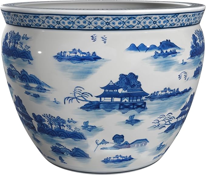 Red Lantern 12" Landscape Blue & White Porcelain Fishbowl Planter or Cachepot for Indoor/Outdoor Use in Garden Entryway Living Room Boho Eclectic Modern Contemporary Classic Traditional Style Decor