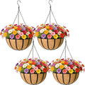 Black Flat Iron Metal Hanging Planter Basket with Coco Coir Liner(4 Pack, 14 Inch) Hanging Planters for Outdoor Plants Round Plant Flower Pots Hanging Flower Basket for Outdoor Patio Garden Decoration