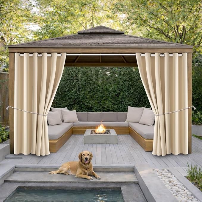 Waterproof Outdoor Curtain W84 x L120 - Grommet Top Sunlight Blocking Window Treatment Drapes Blackout Curtains for Home Bedroom Living Room Patio Porch Pergola Cabana (Beige, 2 Panels)