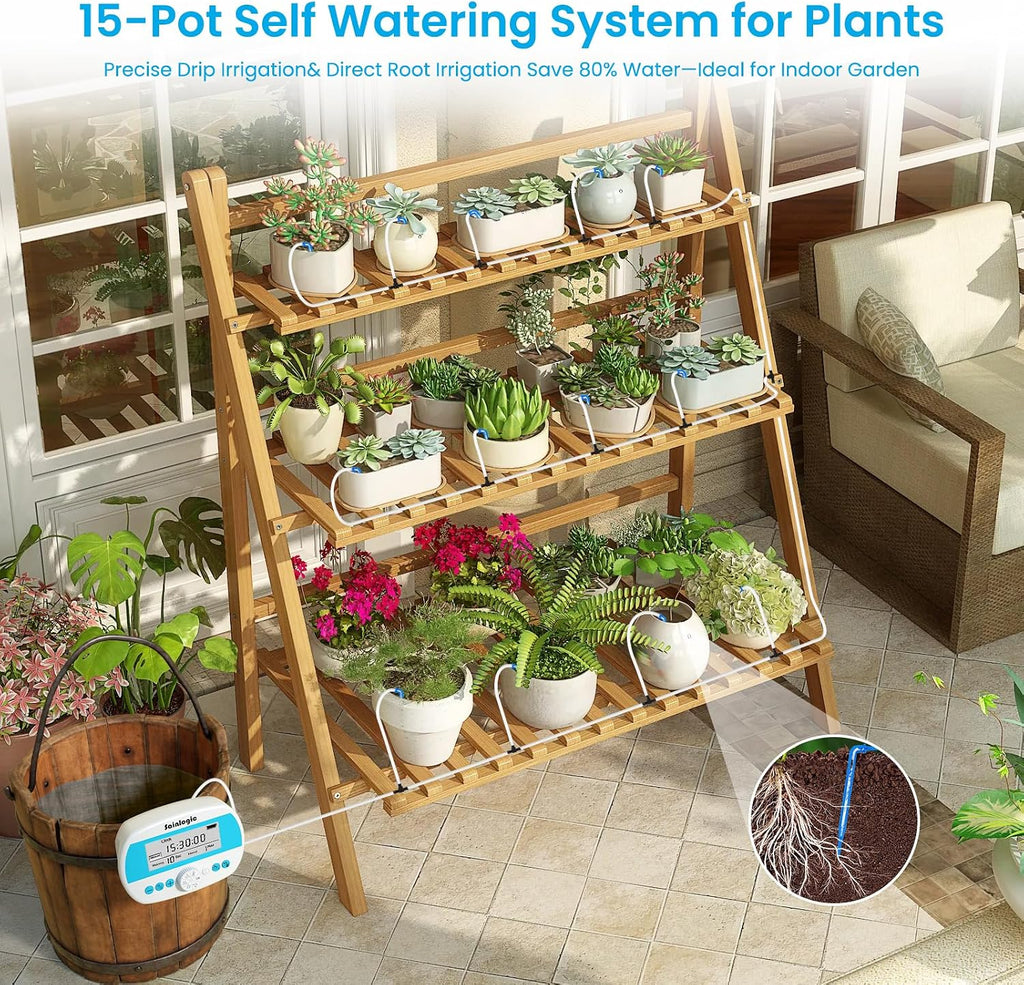 Sainlogic Automatic Plant Waterer for 15 Potted Plants, Self-Watering System with Humidity Monitor Display, Deep Root Irrigation, IP64 Programmable Timer, Ideal for Vacation, Travel and Indoor Garden