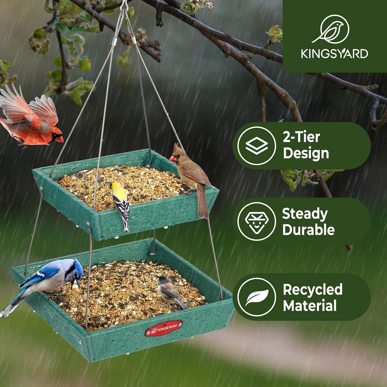 Kingsyard 2 Tier Large Platform Bird Feeder for Outdoors Hanging | Large Recycled Poly Lumber Tray, 5 Lbs Capacity, Garden Decoration Attracts Cardinal Bluebird Goldfinch, Green