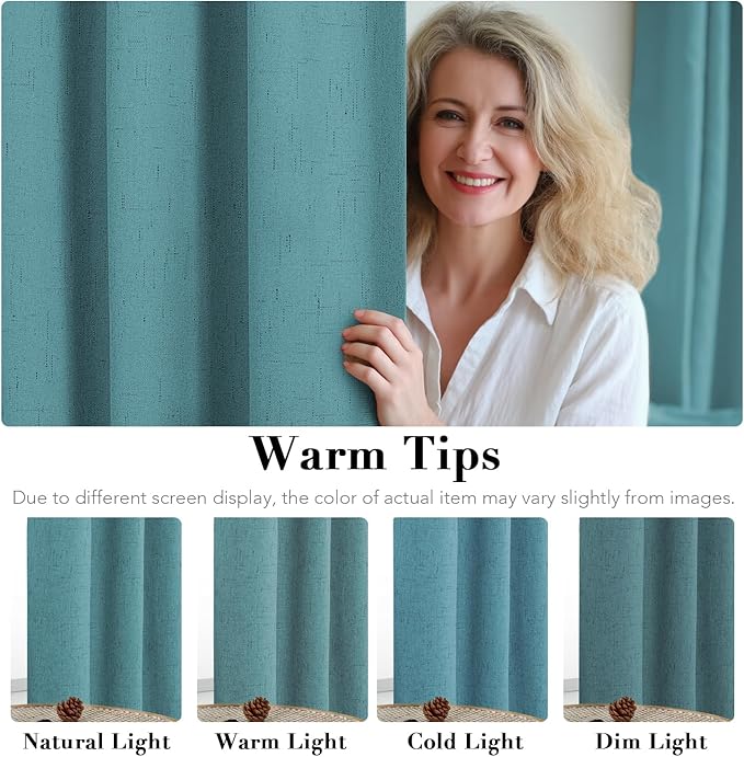 H.VERSAILTEX Linen Blackout Curtains 45 Inches Long 100% Absolutely Blackout Thermal Insulated Textured Linen Look Curtain Draperies Anti-Rust Grommet, Energy Saving with White Liner, 2 Panels, Teal