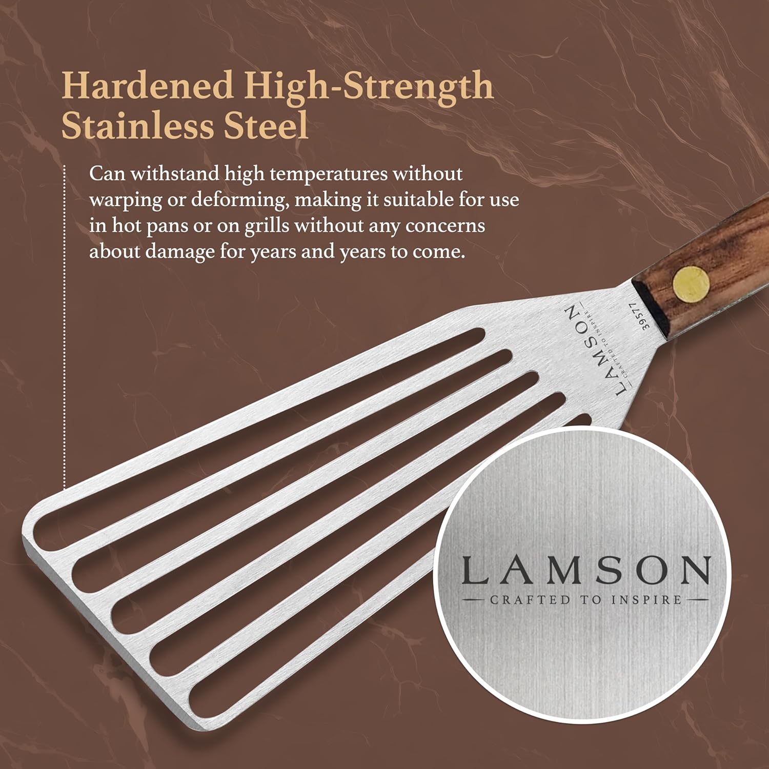 Lamson Slotted Fish Spatula – Flexible Stainless Steel Turner with Walnut Handle | Right-Hand Chef's Frying and Grilling Turner, 3" x 6", Made in USA