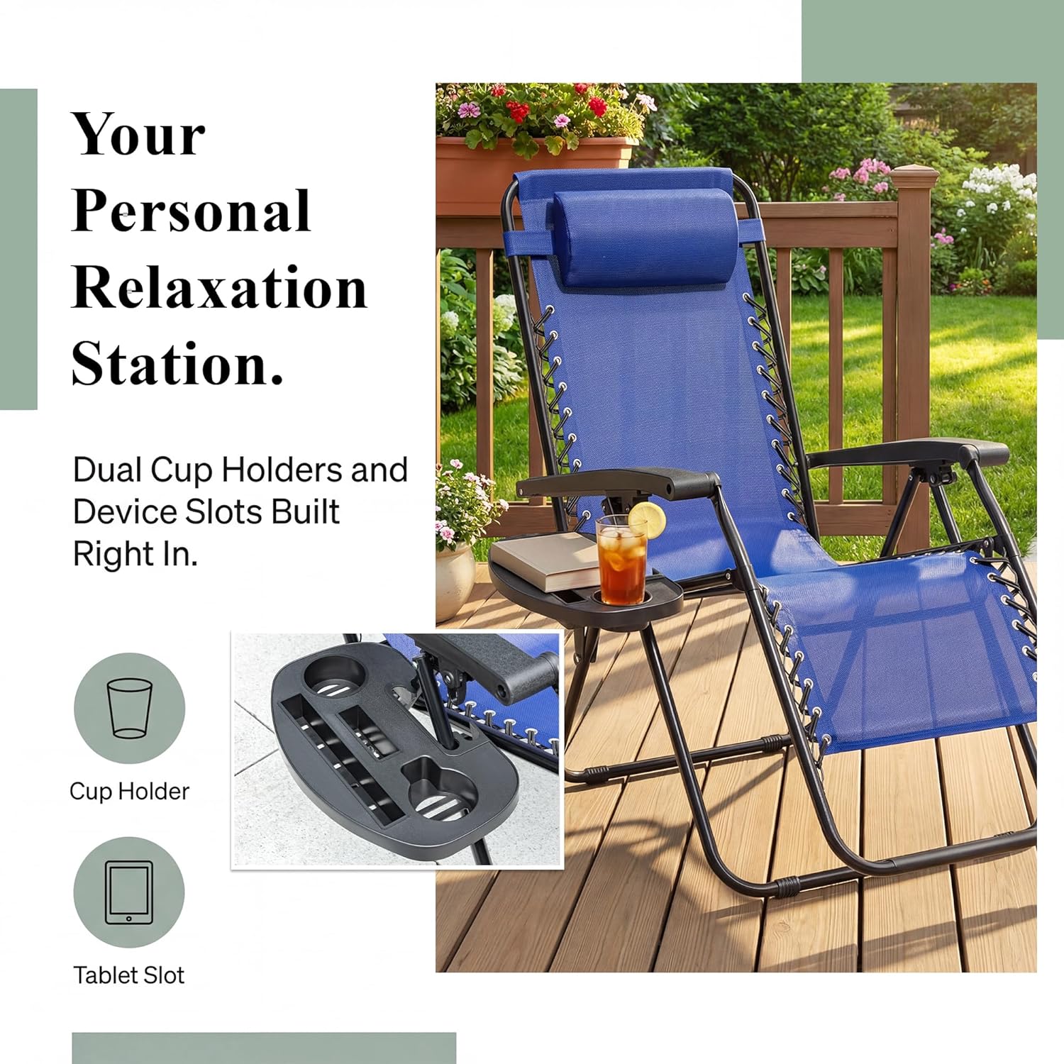 Devoko Zero Gravity Chair, Foldable Patio Recliner with Cup Holder, Blue | Padded Design, Heavy Duty, Supports 350 LBS, Anti-Gravity, for Camping, Outdoor, Lawn Use