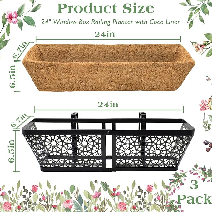 ZeeDix 3 Pack Metal Window Box for Railings, 24 Inch Over Railing Planter Boxes with Coco Liners, Hanging Flower Box Planters for Outdoor Fence Deck Porch Balcony & Patio