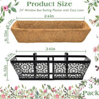 ZeeDix 3 Pack Metal Window Box for Railings, 24 Inch Over Railing Planter Boxes with Coco Liners, Hanging Flower Box Planters for Outdoor Fence Deck Porch Balcony & Patio