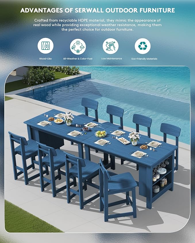 SERWALL Outdoor Bar Stools Set of 2, All Weather HDPE 25" Counter Height Bar Stools with Back, Outdoor Armless Barstools for Patio, Garden, Backyard, Balcony, Poolside, Blue