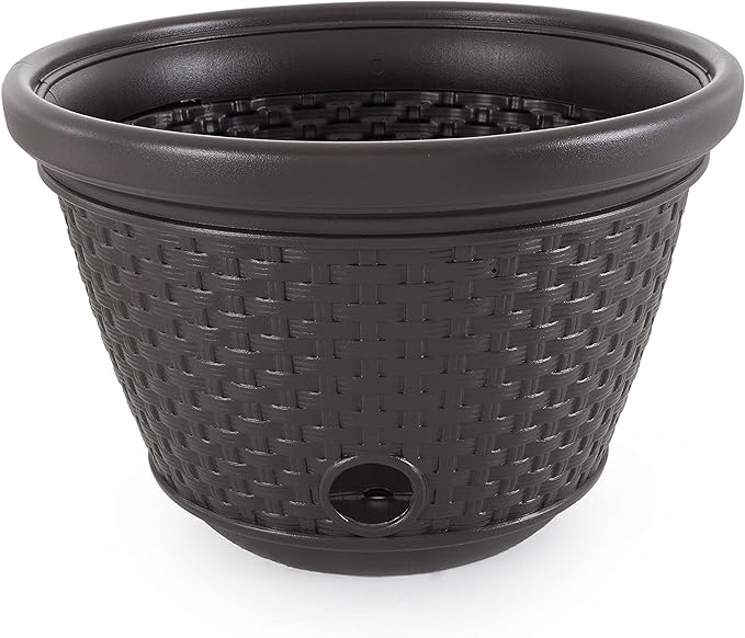 Suncast 6 Pack Decorative Wicker Garden Hose Holder Pot with 4 Drain Holes for 100 Foot Hoses, Java