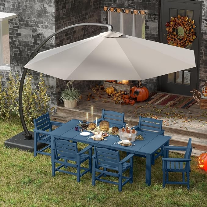 7-Piece Navy Blue Outdoor Dining Set for 6, 75.2'' HDPE Table with Umbrella Hole & Chairs, Weather-Resistant Patio Furniture for Garden, Lawn, or Poolside