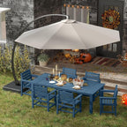 7-Piece Navy Blue Outdoor Dining Set for 6, 75.2'' HDPE Table with Umbrella Hole & Chairs, Weather-Resistant Patio Furniture for Garden, Lawn, or Poolside