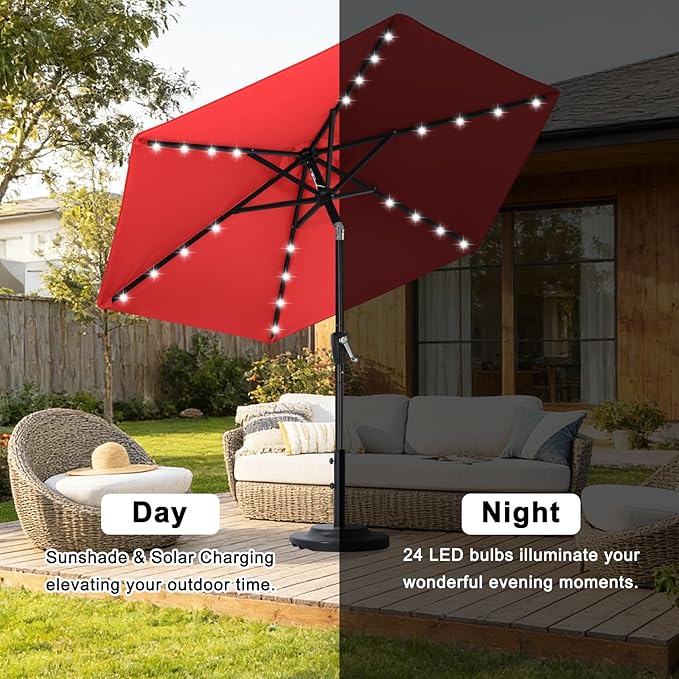 ABCCANOPY Durable Solar Led Patio Umbrellas with 24LED Lights 7.5FT with 6 Sturdy Ribs (Logo Red)
