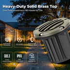 Brass Low Voltage Landscape Well Lights (5" Cover, 5.5" Tall), 12V LED Wired In-Ground Outdoor Up Lighting Fixture Waterproof, Adjustable Beam Direction Base, Without MR16 Bulb (4 Pack)