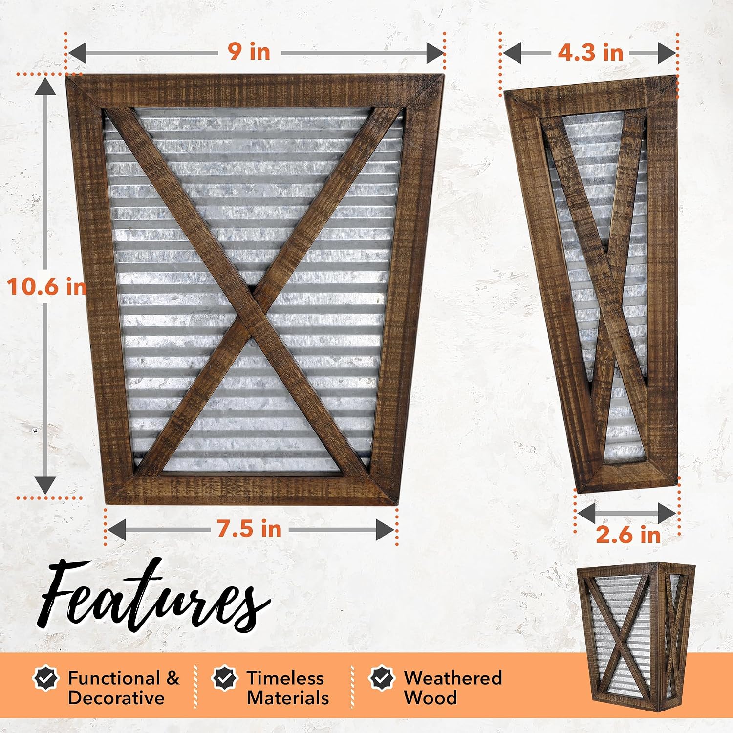Autumn Alley Large Rustic Farmhouse Wall Planter Set of 2, Farmhouse Decor Wall Hangings for Hanging Planter Indoor, Galvanized Wall Planter, Corrugated Metal, Wooden, Brown - Flowers Not Included