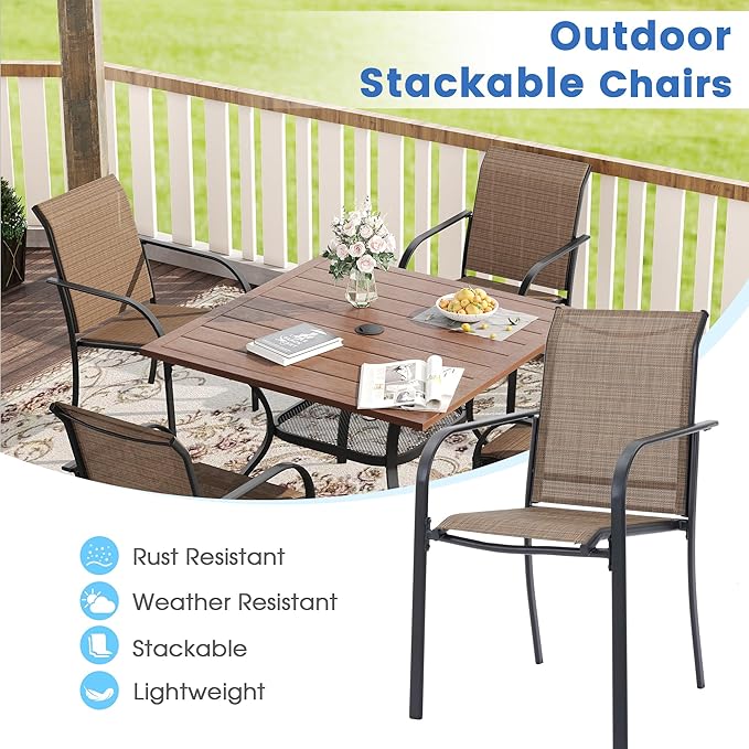 VICLLAX Patio Dining Set for 8, Outdoor Furniture Set Includes 53" Round Patio Table and 8 Patio Sling Chairs, Walnut Wood-Like Tabletop and Brown Fabric