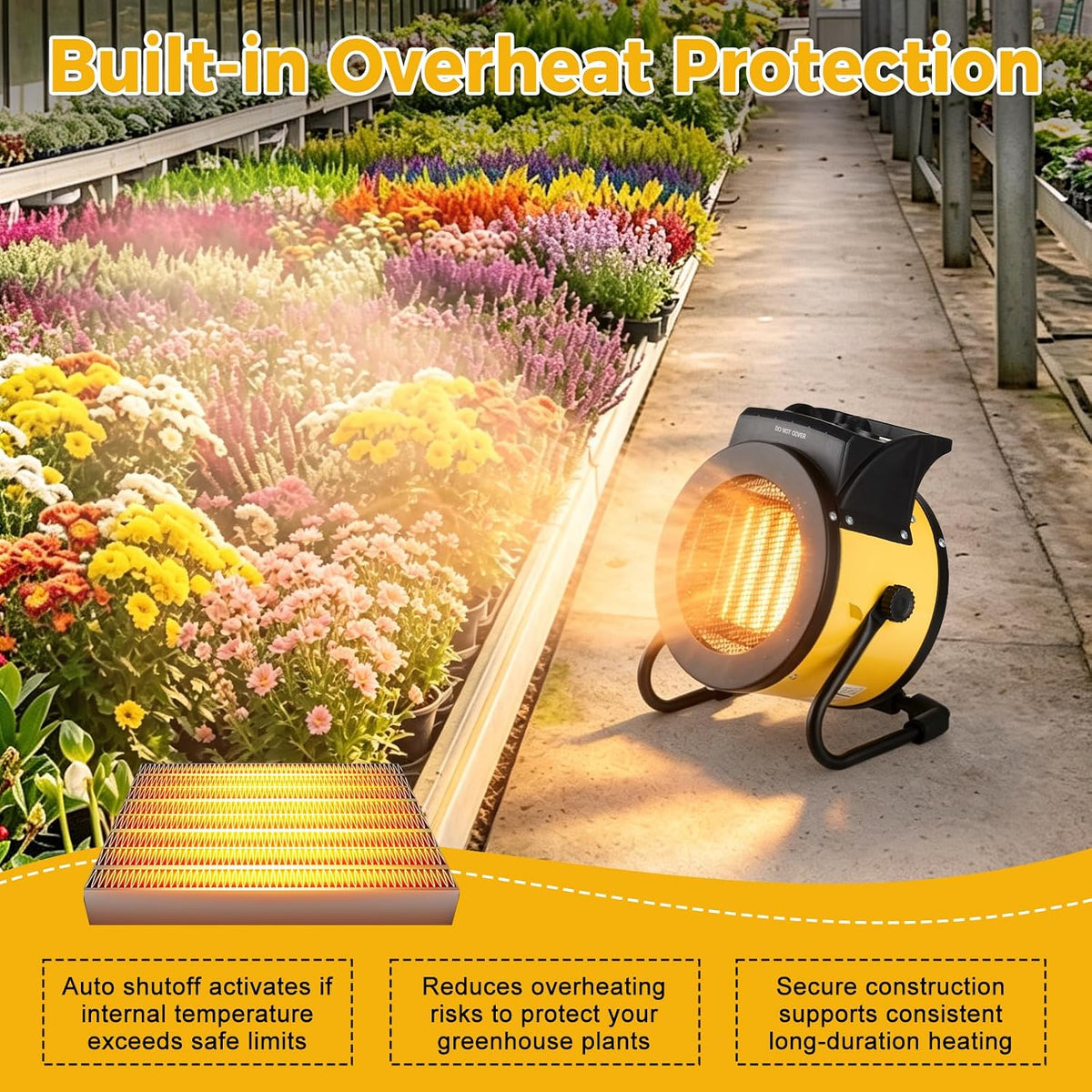 greenhouse heater with thermostat, 1500w outdoor heater, yellow, package contents