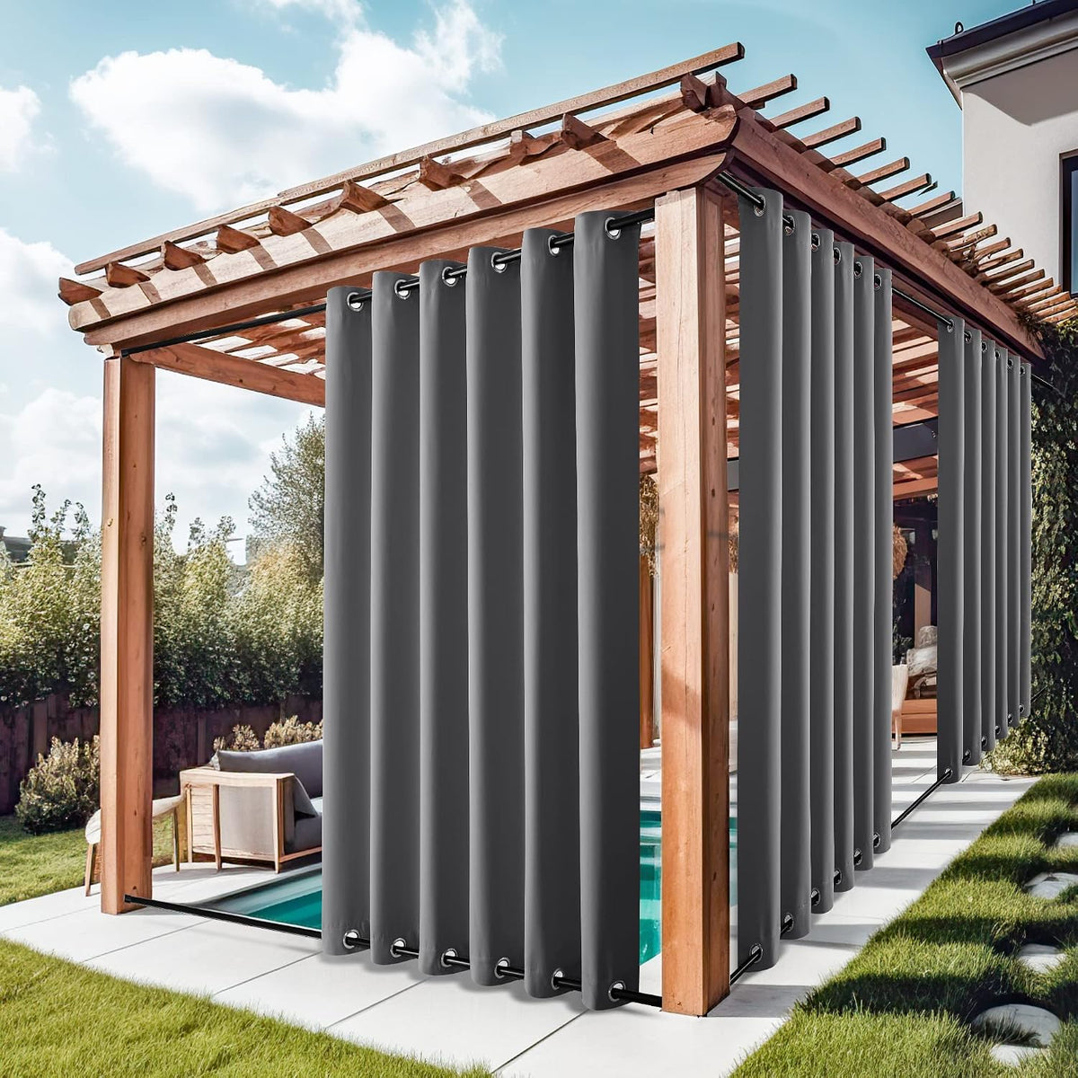 nicetown grey outdoor curtains for patio waterproof 2 shown in use