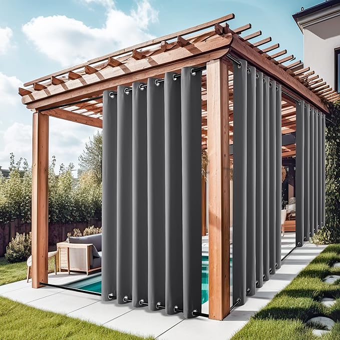 NICETOWN Gazebo Curtains for Patio Waterproof Extra Wide 2 Panels, Blackout Weatherproof Thermal Insulated Rustproof Top & Bottom Grommet Outdoor Windproof Drapes for Pergola, Grey, W84 x L84