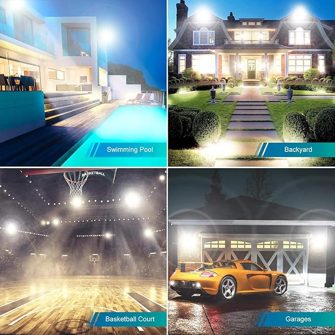 2 Pack 250W Led Flood Lights Outdoor,Super Bright 37000LM Security Lights with Plug,Exterior IP66 Waterproof 5000K Daylight White FloodLight for Basketball Court, Yard, Garden,Parking lot etc