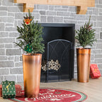 28in Tall Copper Planters Set of 2,Galvanized Steel Tall Outdoor Planter for Indoor/porches- Copper Color(2planters,2inner pots with Holes,2trays)
