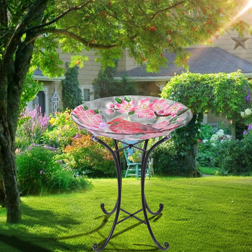 VCUTEKA Outdoor Bird Bath, Glass BirdBath with Metal Stand for Garden Decor | 18" D 22" H Bird Baths for Outdoors, Glass Cardinal Large Bird Bath for Garden, Bird Lovers, Yards, Patio, Decor