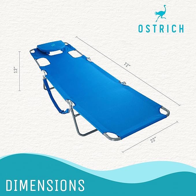 Ostrich Beach Lounge Chair, Folding & Reclining Outdoor Chaise Lounger, Blue - Portable Adjustable Recliner Chair for Lawn, Pool, Patio, Garden, and Yard