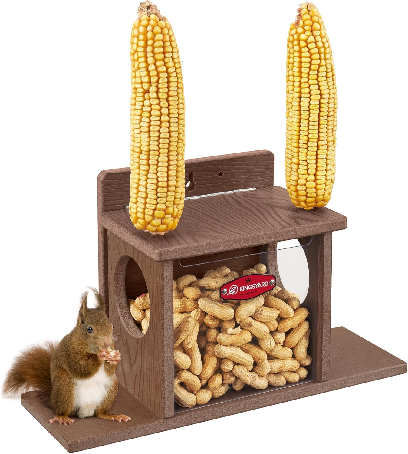 Kingsyard Squirrel Feeder Box for Outside, Recycled Plastic Squirrel Feeder Box with Corn Cob Holders, Easy to Refill & Clean, Weather-Proof (Brown) | Recycled Plastic, Corn Cob Holders, Extended Side Platform, Easy to Refill & Clean, Weatherproof Roof