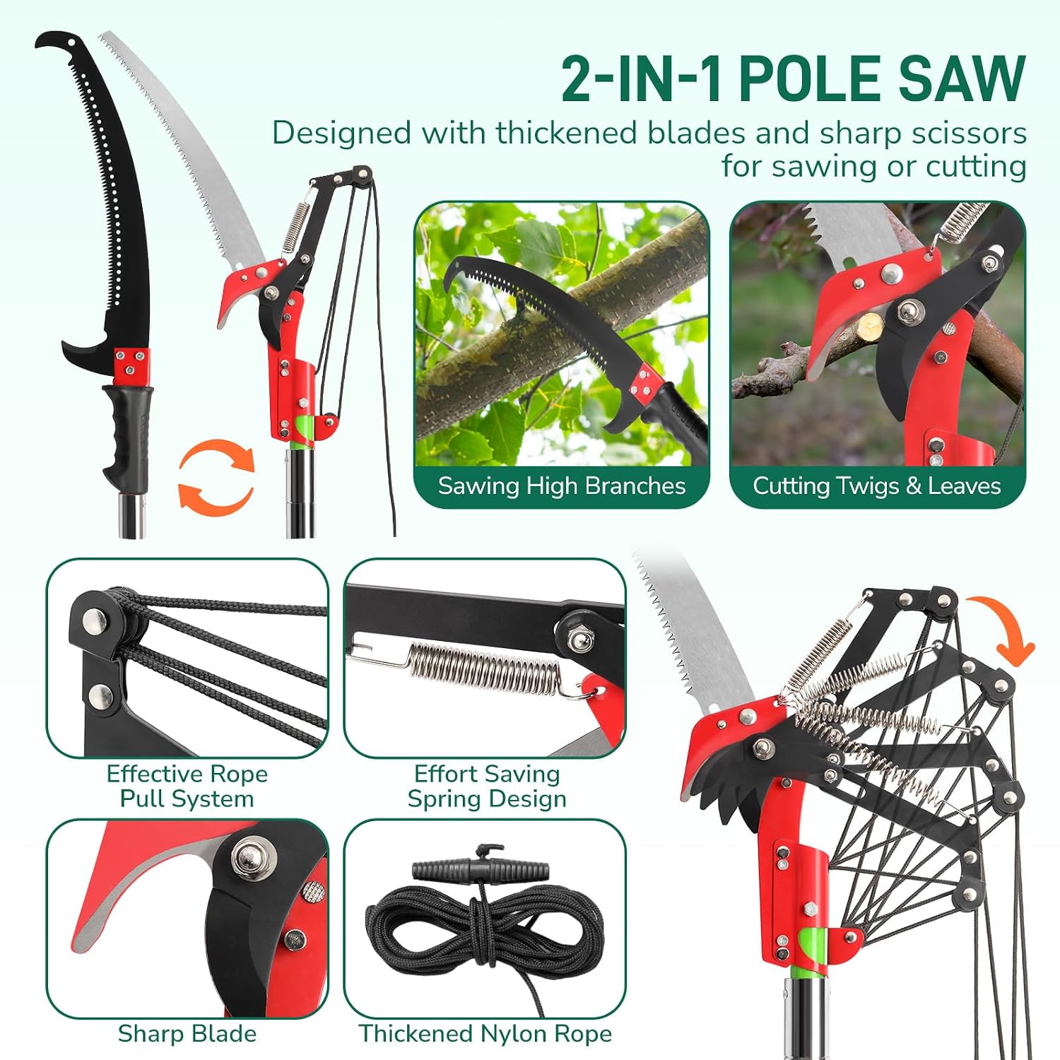 VINGLI 26FT Manual Pole Saw for Tree Trimming, Extendable Tree Pruner, Sharp Steel Blade and Scissors, High Tree Branch Cutter with Lightweight 8 Fiberglass Long Handles, for Pruning Palms and Shrubs