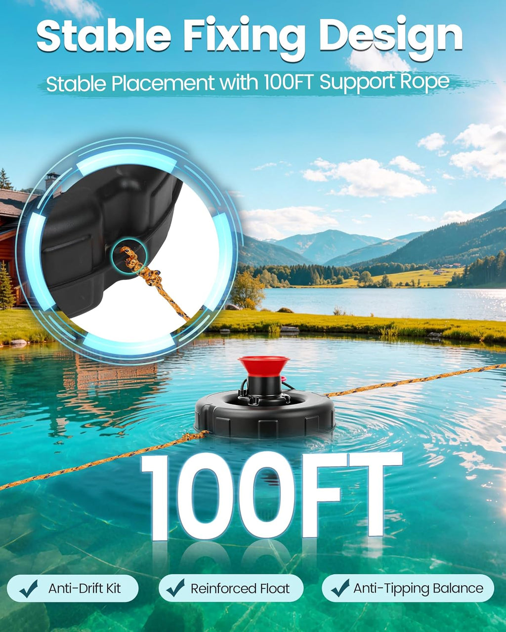 1HP Floating Pond Fountain Aerator, 15000GPH, 110V, Red | 304 Stainless Steel, Smart LCD Timer, Anti-Drift Base, 100 FT Copper Cord, Dual Fountain Nozzles