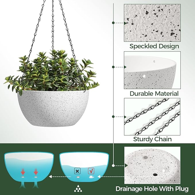 T4U 8 Inch Hanging Planters for Indoor Plants, 2 Pack Hanging Planter, Hanging Plant Pots with Drainage Holes and Chain, Hanging Basket Pots for Garden Home Porch Decor, White