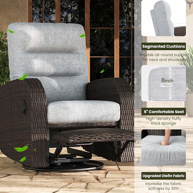 LayinSun Oversized Wicker Outdoor Swivel Glider Recliner with Adjustable Backrest & Footrest, Patio Reclining Lounge Chair - Set of 2