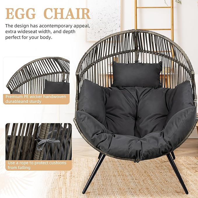 Vongrasig Outdoor Wicker Egg Chair PE Rattan Chair with Cushion, Oversized Patio Lounge Chair for Outdoor, Indoor, Balcony, Backyard, Garden, Black/Rattan