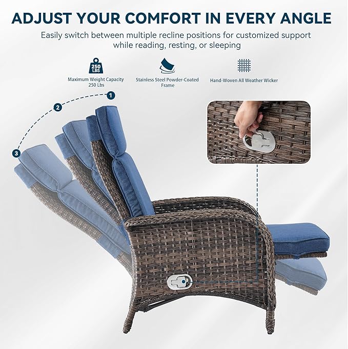 3 Pieces Zero Gravity Wicker Patio Recliner Chairs Set of 2 - Wicker Outdoor Lounge Chair with Side Table, Adjustable Backrest & Footrest, High Back Outdoor Recliner Chair for Pool Deck Blue