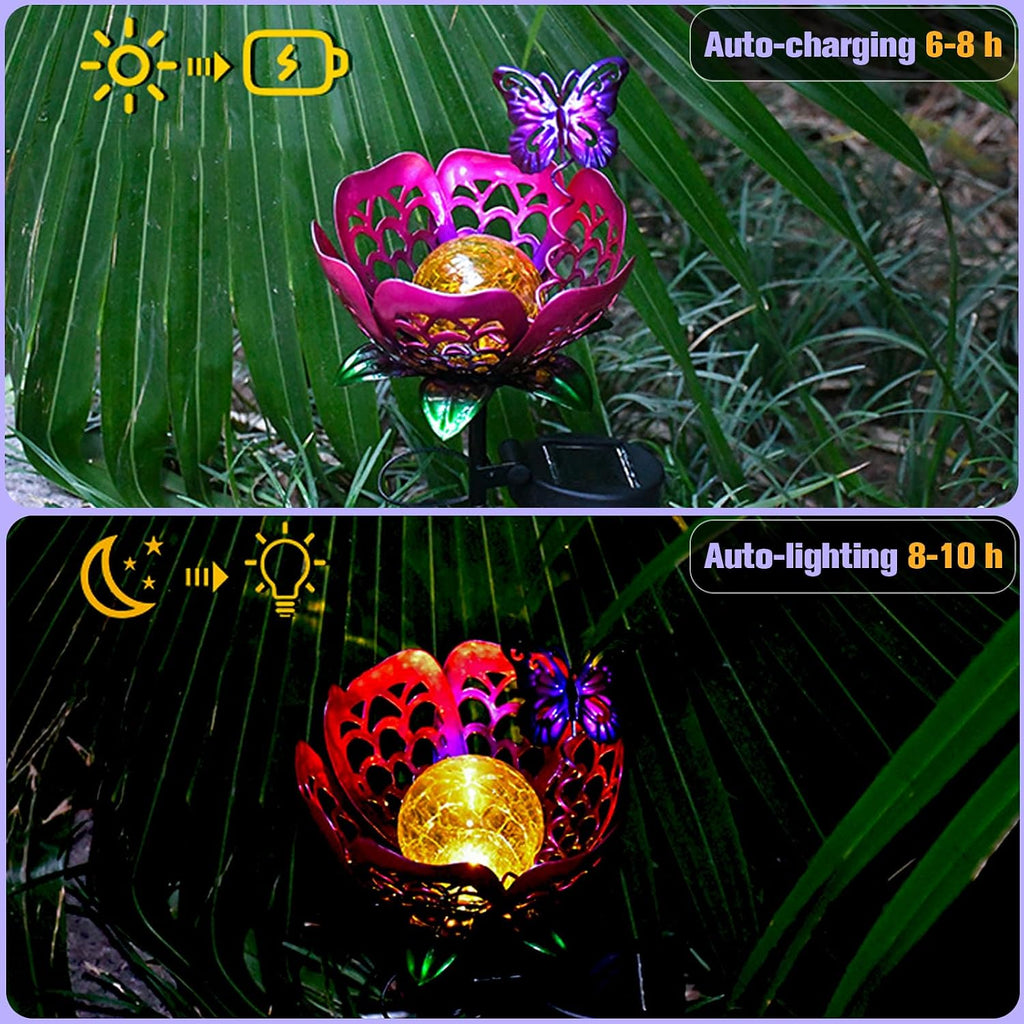Solar Path Light, 2 Pack Crackle Glass Globe LED Lights, Metal Butterfly Decorations Lights, Hollow Petal Tulip Stake Light for Patio Yard Walkway Ground Lawn Ornaments Gifts (Purple Flower - 2pcs)