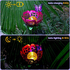 Solar Path Light, 2 Pack Crackle Glass Globe LED Lights, Metal Butterfly Decorations Lights, Hollow Petal Tulip Stake Light for Patio Yard Walkway Ground Lawn Ornaments Gifts (Purple Flower - 2pcs)