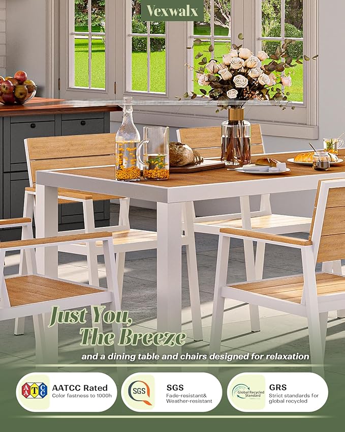 7-Piece Outdoor Dining Set, Aluminum Dining Table Set for 6, Patio Table and Chairs Set with Umbrella Hole, All Weather HDPS Outdoor Table and Chairs for 6 (White-Teak)