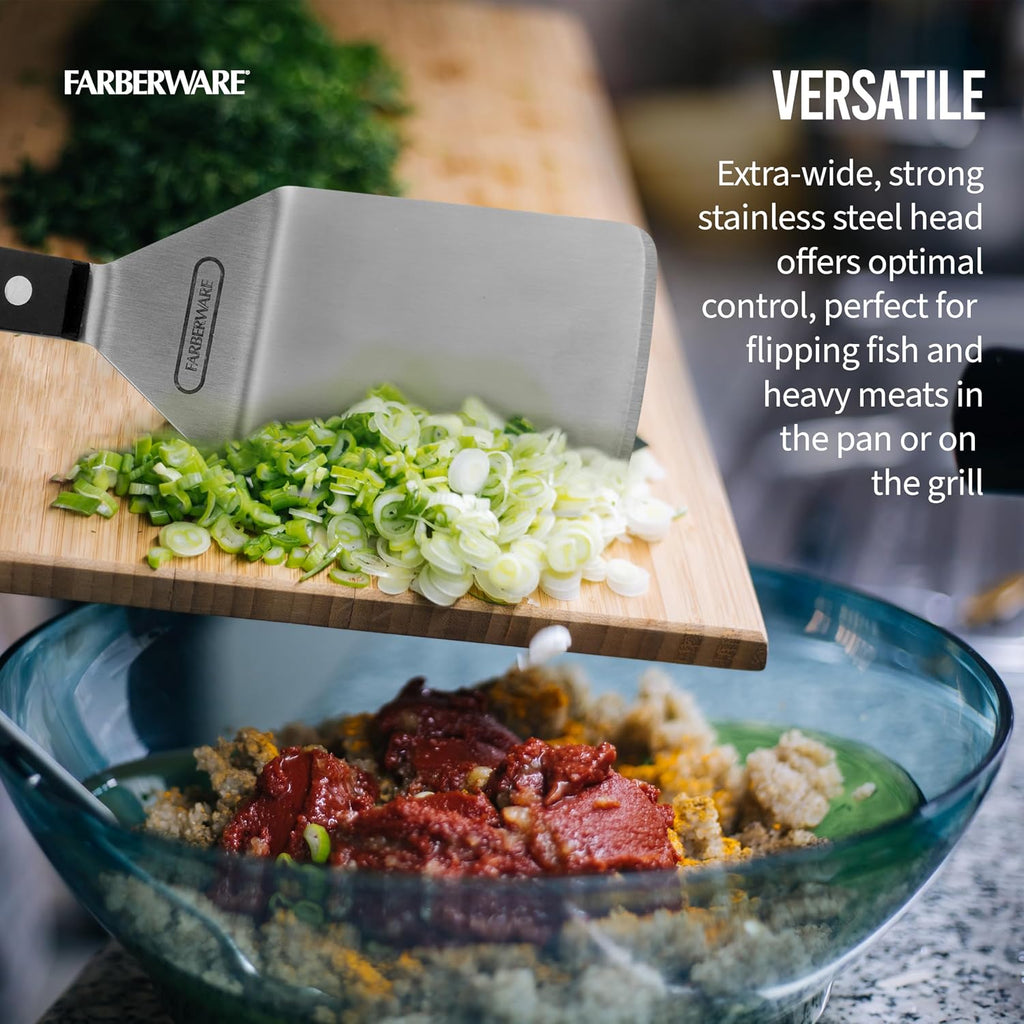 Farberware Pro Triple Rivet Wide Turner - 9.5-Inch Stainless Steel Head Kitchen Spatula with Durable POM Handle & Reinforced Rivets, Ideal Cooking Utensil for Flipping, Lifting & Scraping
