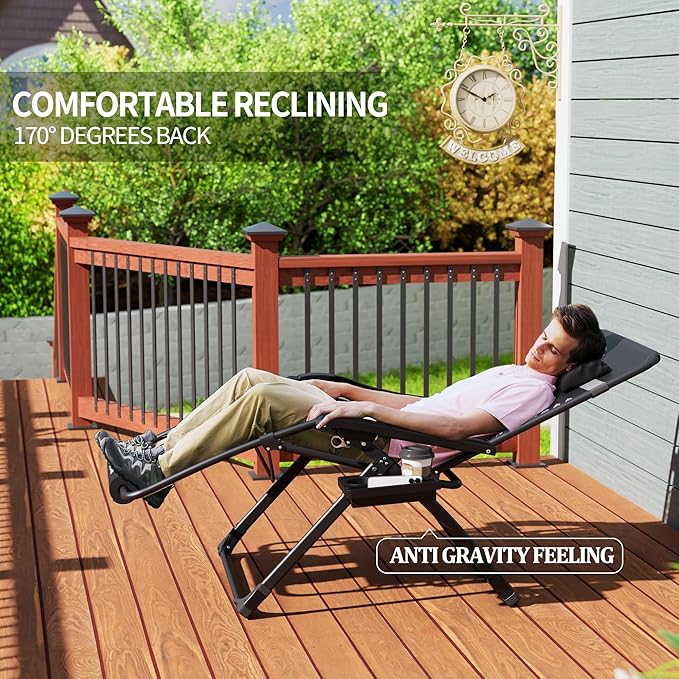 UDPATIO Oversized Zero Gravity Chair Set of 2, 29In XL Patio Reclining Chair with Cushion, Outdoor Folding Recliner with Pillows|Cup Holder|Foot Rest|Padded Headrest, Navy Blue, Support 500LB